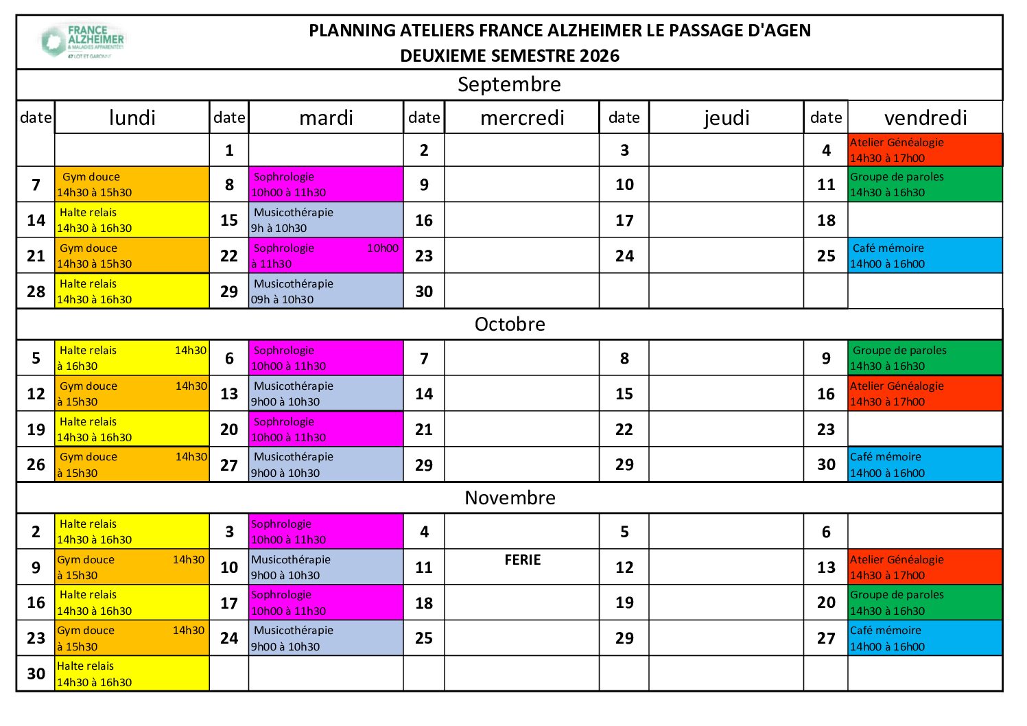 planning 2ème semestre 2026 du Passage d&rsquo;Agen