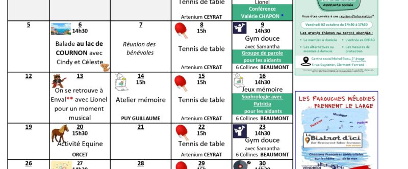 Planning du mois d&rsquo;octobre