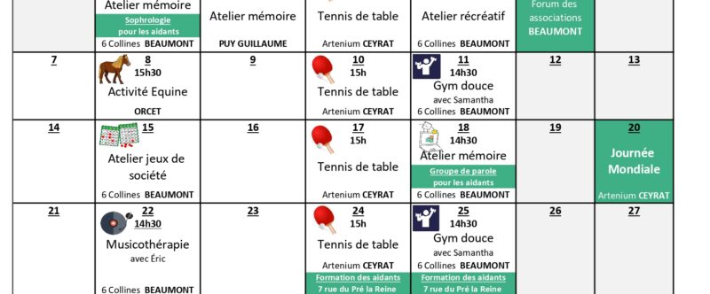 Planning du mois de septembre